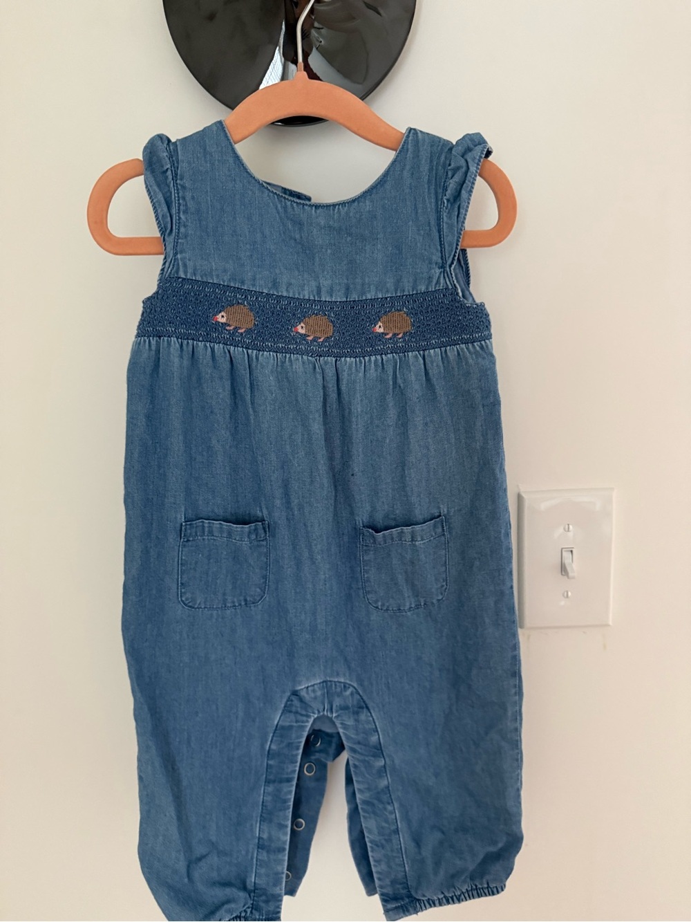 Baby Boden Blue Denim Hedgehog Smocked Romper